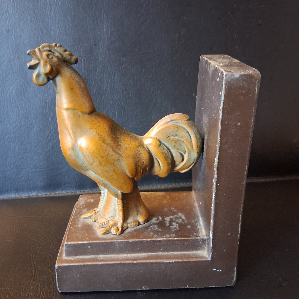 Vintage Bronze And Cast Metal Rooster Bookend